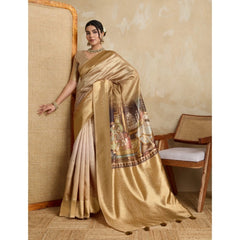 Mayawye Women's Silk Printed Saree With Unstitched Blouse 5.5Mtr (Gold)