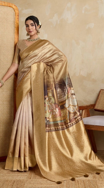 Mayawye Women's Silk Printed Saree With Unstitched Blouse 5.5Mtr (Gold)