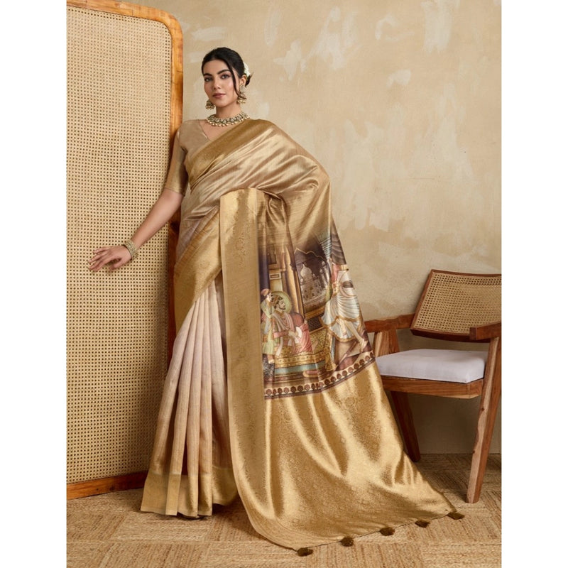 Mayawye Women's Silk Printed Saree With Unstitched Blouse 5.5Mtr (Gold)