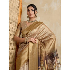 Mayawye Women's Silk Printed Saree With Unstitched Blouse 5.5Mtr (Gold)