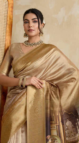 Mayawye Women's Silk Printed Saree With Unstitched Blouse 5.5Mtr (Gold)