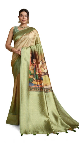 Mayawye Women's Silk Printed Saree With Unstitched Blouse 5.5Mtr (Mehendi)