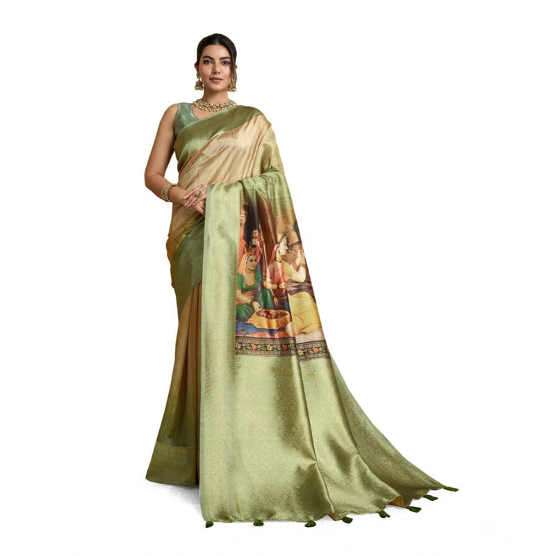 Mayawye Women's Silk Printed Saree With Unstitched Blouse 5.5Mtr (Mehendi)