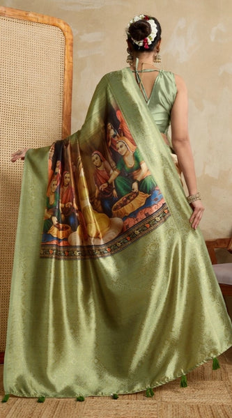 Mayawye Women's Silk Printed Saree With Unstitched Blouse 5.5Mtr (Mehendi)