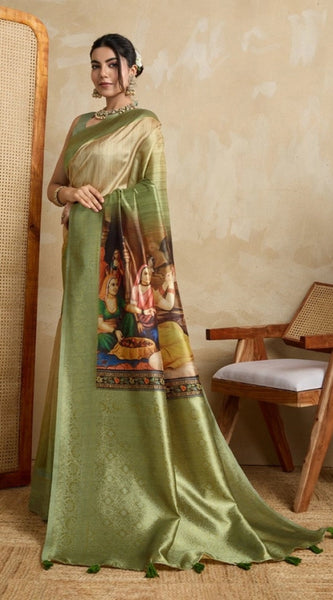 Mayawye Women's Silk Printed Saree With Unstitched Blouse 5.5Mtr (Mehendi)
