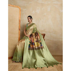 Mayawye Women's Silk Printed Saree With Unstitched Blouse 5.5Mtr (Mehendi)
