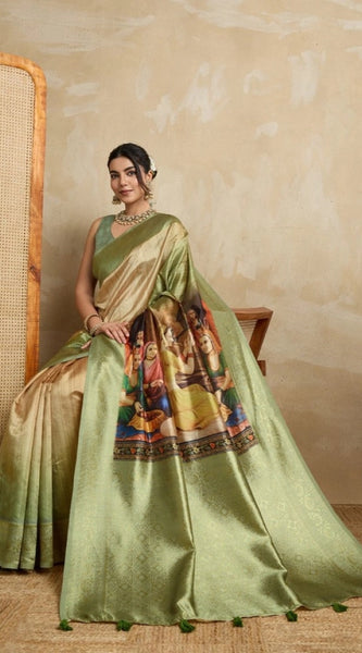 Mayawye Women's Silk Printed Saree With Unstitched Blouse 5.5Mtr (Mehendi)