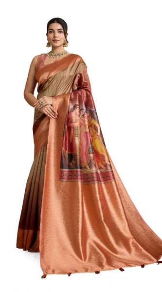 Mayawye Women's Silk Printed Saree With Unstitched Blouse 5.5Mtr (Peach)