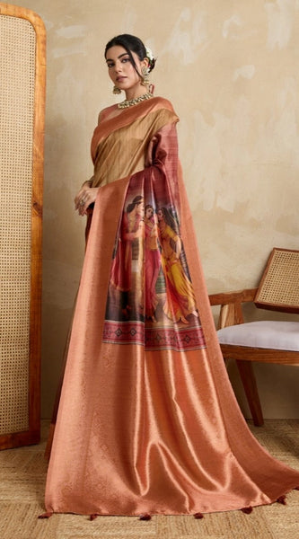 Mayawye Women's Silk Printed Saree With Unstitched Blouse 5.5Mtr (Peach)