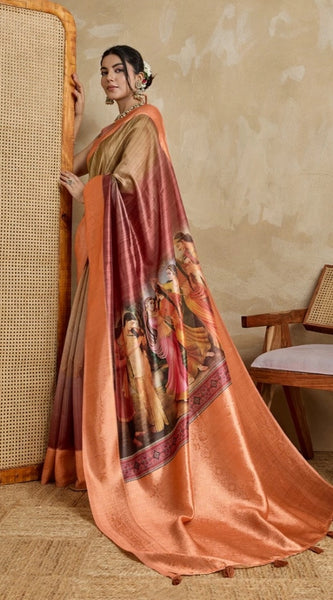 Mayawye Women's Silk Printed Saree With Unstitched Blouse 5.5Mtr (Peach)
