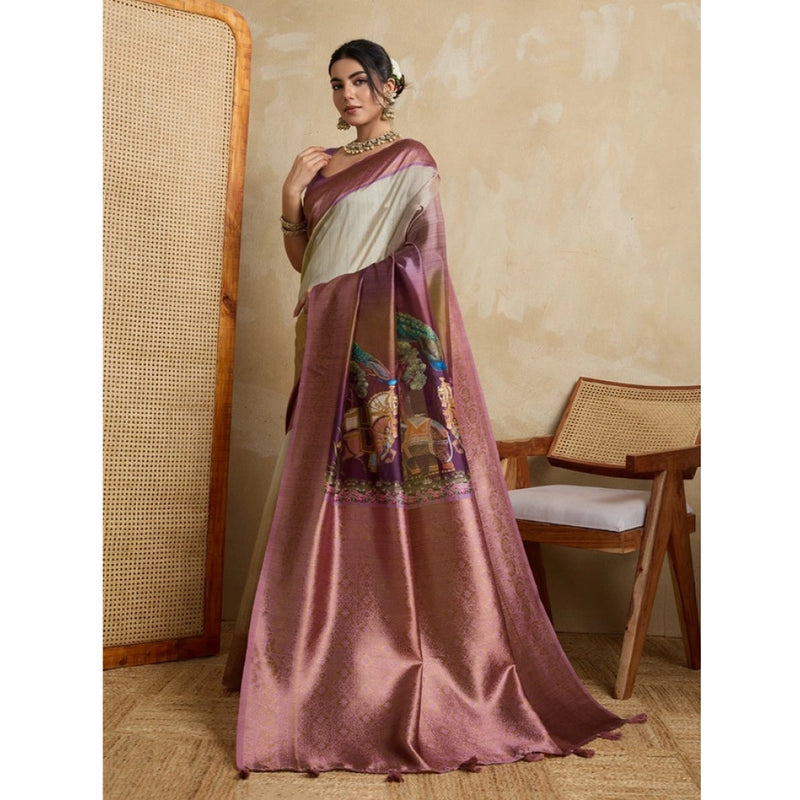 Mayawye Women's Silk Printed Saree With Unstitched Blouse 5.5Mtr (Wine)