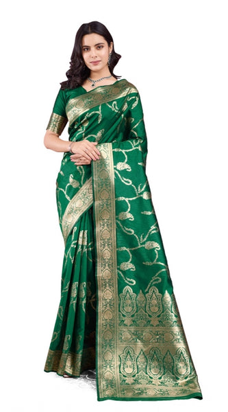 Mayawye Women's Banarasi Silk Printed Saree With Unstitched Blouse 5.5Mtr (Green)