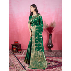 Mayawye Women's Banarasi Silk Printed Saree With Unstitched Blouse 5.5Mtr (Green)