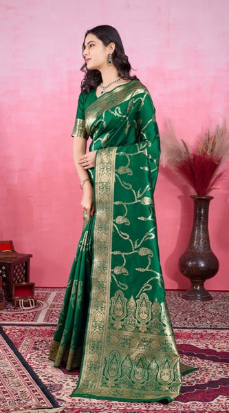 Mayawye Women's Banarasi Silk Printed Saree With Unstitched Blouse 5.5Mtr (Green)