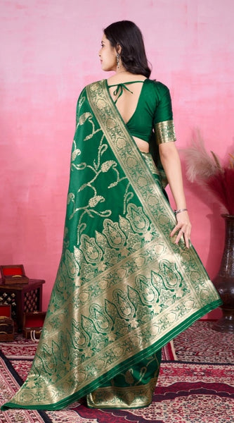 Mayawye Women's Banarasi Silk Printed Saree With Unstitched Blouse 5.5Mtr (Green)
