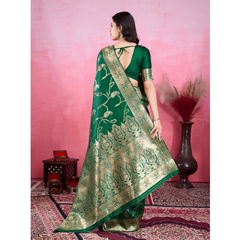 Mayawye Women's Banarasi Silk Printed Saree With Unstitched Blouse 5.5Mtr (Green)