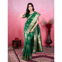 Mayawye Women's Banarasi Silk Printed Saree With Unstitched Blouse 5.5Mtr (Green)