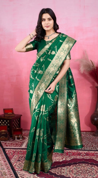 Mayawye Women's Banarasi Silk Printed Saree With Unstitched Blouse 5.5Mtr (Green)