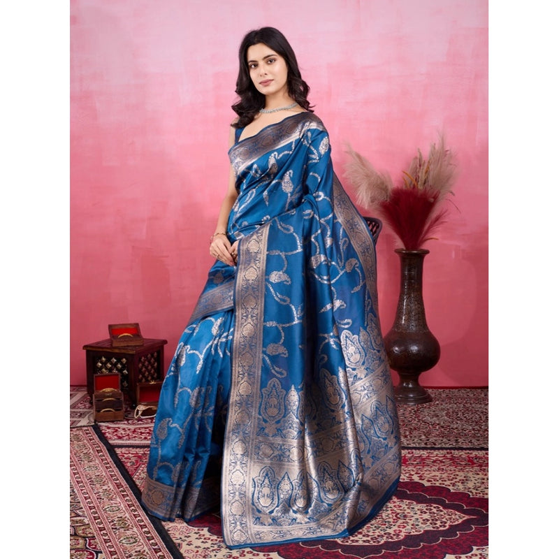 Mayawye Women's Banarasi Silk Printed Saree With Unstitched Blouse 5.5Mtr (Pinch)