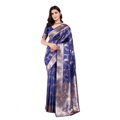 Mayawye Women's Banarasi Silk Printed Saree With Unstitched Blouse 5.5Mtr (Blue)