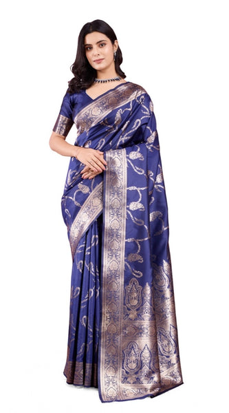 Mayawye Women's Banarasi Silk Printed Saree With Unstitched Blouse 5.5Mtr (Blue)
