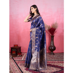 Mayawye Women's Banarasi Silk Printed Saree With Unstitched Blouse 5.5Mtr (Blue)