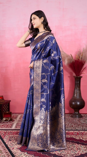 Mayawye Women's Banarasi Silk Printed Saree With Unstitched Blouse 5.5Mtr (Blue)