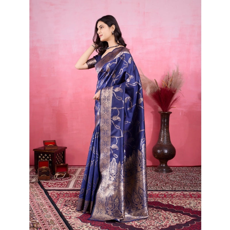 Mayawye Women's Banarasi Silk Printed Saree With Unstitched Blouse 5.5Mtr (Blue)