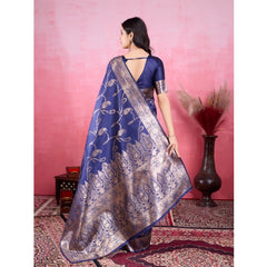 Mayawye Women's Banarasi Silk Printed Saree With Unstitched Blouse 5.5Mtr (Blue)