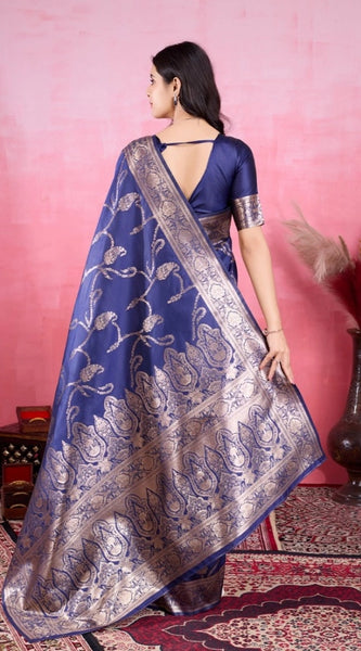 Mayawye Women's Banarasi Silk Printed Saree With Unstitched Blouse 5.5Mtr (Blue)