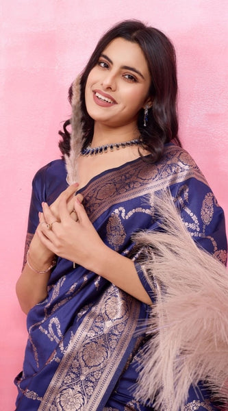 Mayawye Women's Banarasi Silk Printed Saree With Unstitched Blouse 5.5Mtr (Blue)