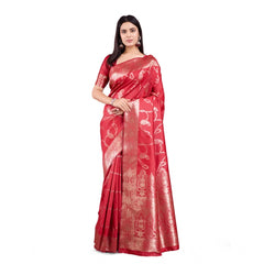 Mayawye Women's Banarasi Silk Printed Saree With Unstitched Blouse 5.5Mtr (Red)