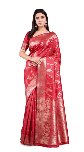 Mayawye Women's Banarasi Silk Printed Saree With Unstitched Blouse 5.5Mtr (Red)