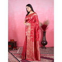 Mayawye Women's Banarasi Silk Printed Saree With Unstitched Blouse 5.5Mtr (Red)
