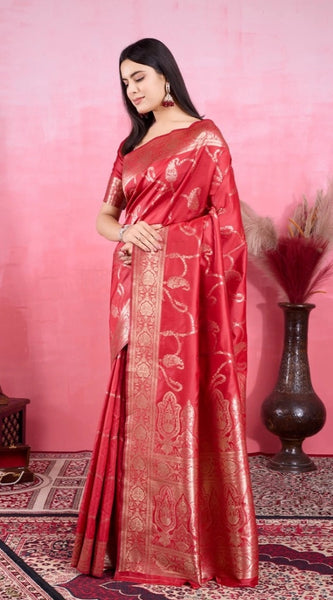 Mayawye Women's Banarasi Silk Printed Saree With Unstitched Blouse 5.5Mtr (Red)