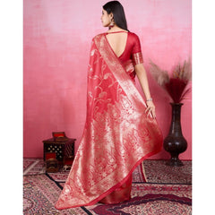 Mayawye Women's Banarasi Silk Printed Saree With Unstitched Blouse 5.5Mtr (Red)