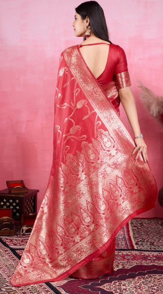 Mayawye Women's Banarasi Silk Printed Saree With Unstitched Blouse 5.5Mtr (Red)