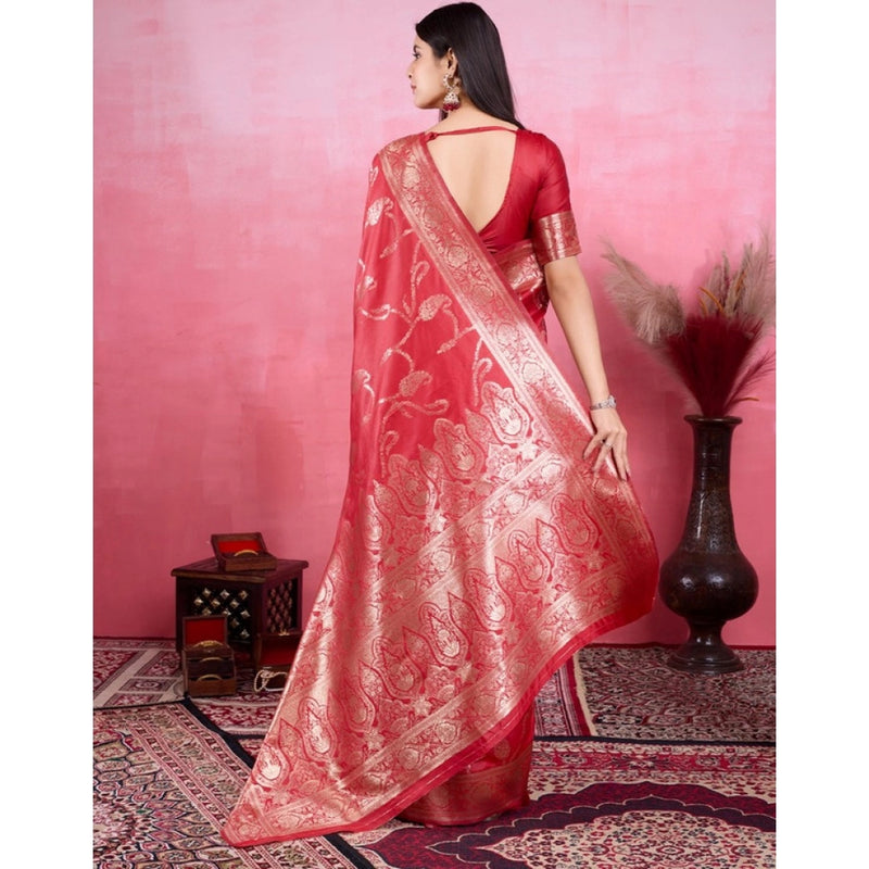 Mayawye Women's Banarasi Silk Printed Saree With Unstitched Blouse 5.5Mtr (Red)