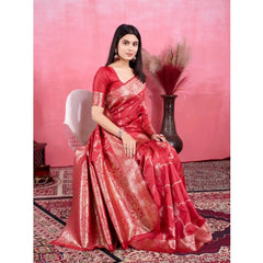 Mayawye Women's Banarasi Silk Printed Saree With Unstitched Blouse 5.5Mtr (Red)