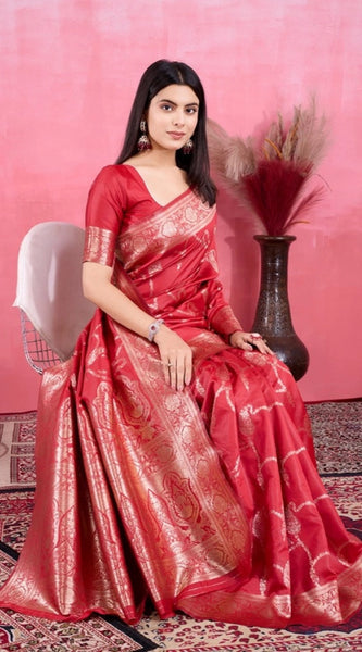 Mayawye Women's Banarasi Silk Printed Saree With Unstitched Blouse 5.5Mtr (Red)