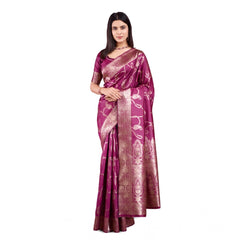 Mayawye Women's Banarasi Silk Printed Saree With Unstitched Blouse 5.5Mtr (Wine)