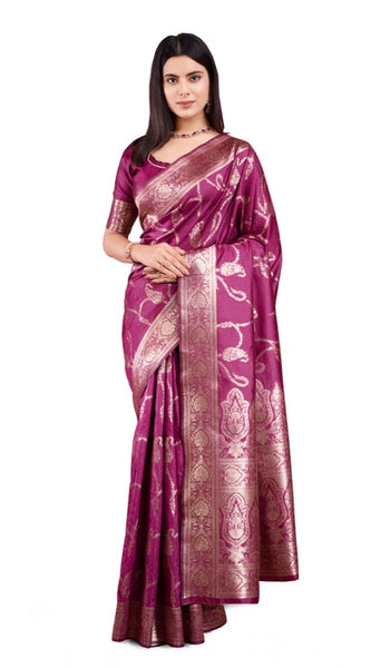 Mayawye Women's Banarasi Silk Printed Saree With Unstitched Blouse 5.5Mtr (Wine)