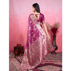 Mayawye Women's Banarasi Silk Printed Saree With Unstitched Blouse 5.5Mtr (Wine)