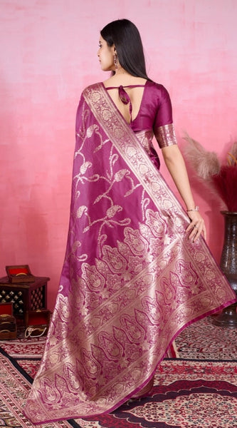 Mayawye Women's Banarasi Silk Printed Saree With Unstitched Blouse 5.5Mtr (Wine)