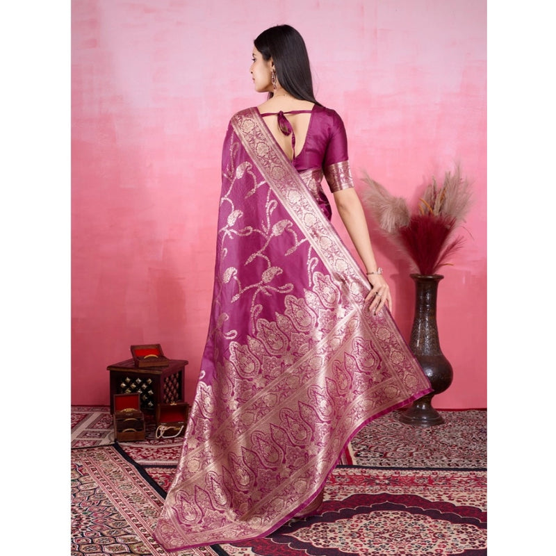 Mayawye Women's Banarasi Silk Printed Saree With Unstitched Blouse 5.5Mtr (Wine)