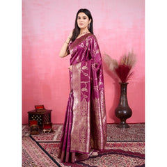 Mayawye Women's Banarasi Silk Printed Saree With Unstitched Blouse 5.5Mtr (Wine)