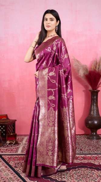 Mayawye Women's Banarasi Silk Printed Saree With Unstitched Blouse 5.5Mtr (Wine)