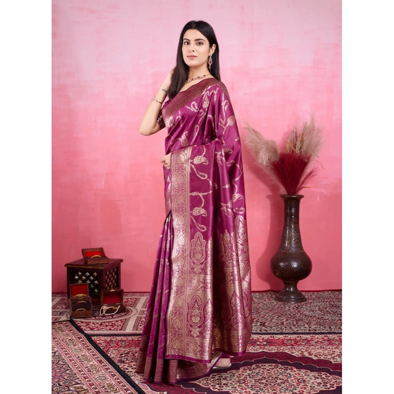 Mayawye Women's Banarasi Silk Printed Saree With Unstitched Blouse 5.5Mtr (Wine)