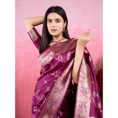 Mayawye Women's Banarasi Silk Printed Saree With Unstitched Blouse 5.5Mtr (Wine)