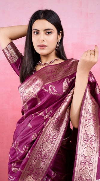 Mayawye Women's Banarasi Silk Printed Saree With Unstitched Blouse 5.5Mtr (Wine)